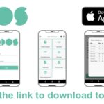 Three mobile phone screens showing the Qdos iOS application running plus a Qdos logo and download on the Play Store logo