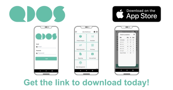 Three mobile phone screens showing the Qdos iOS application running plus a Qdos logo and download on the Play Store logo